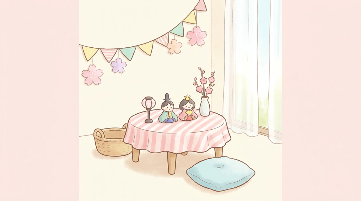 桃色と白を基調に飾り付けられたリビングの一角、小さなひな人形と桃の花が並ぶ温かな空間