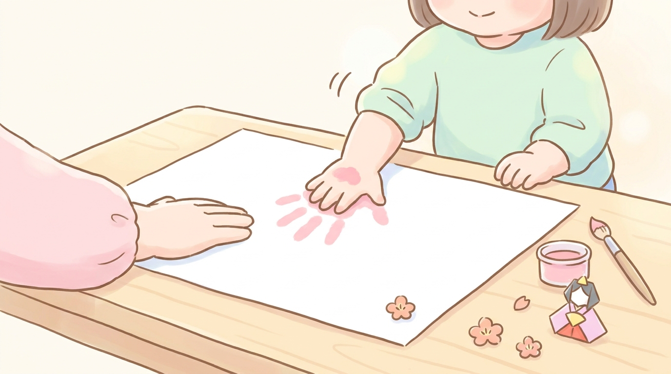 テーブルに広げた画用紙にピンクの絵の具で手形を押す3歳くらいの女の子の小さな手