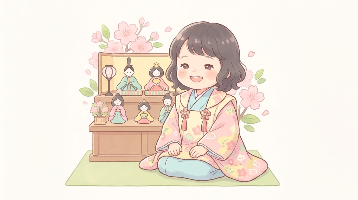 被布を着た3歳くらいの女の子がひな人形の前でにっこり微笑む春らしい和の風景
