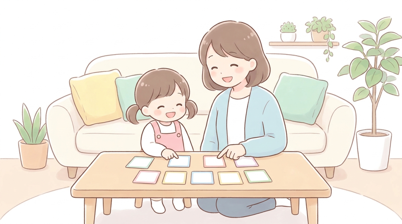 リビングのテーブルで3歳の女の子が母親と一緒にひらがなのカードを指さしながら笑顔で学んでいる温かい雰囲気のシーン