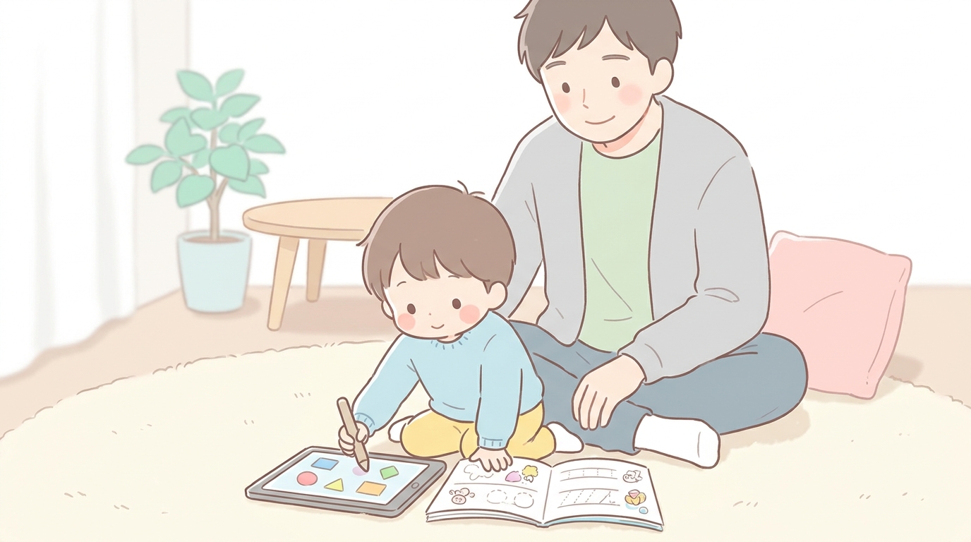 床に座った3歳の男の子がタブレットとワークブックを前に集中して取り組んでいる姿、後ろから優しく見守る父親