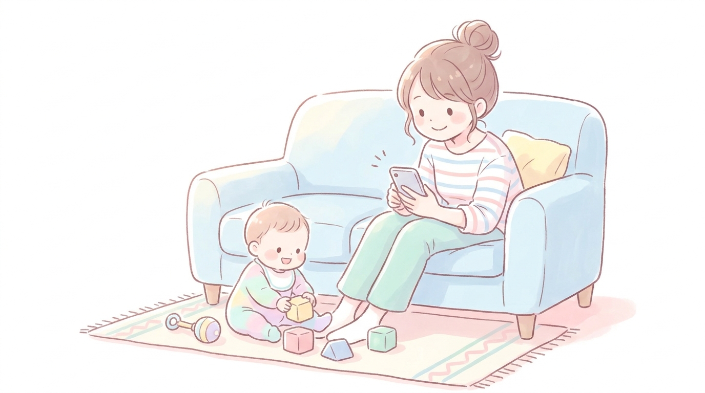 スマートフォンを見ながらリビングのソファで笑顔を浮かべる20代後半の母親、隣で遊ぶ赤ちゃん