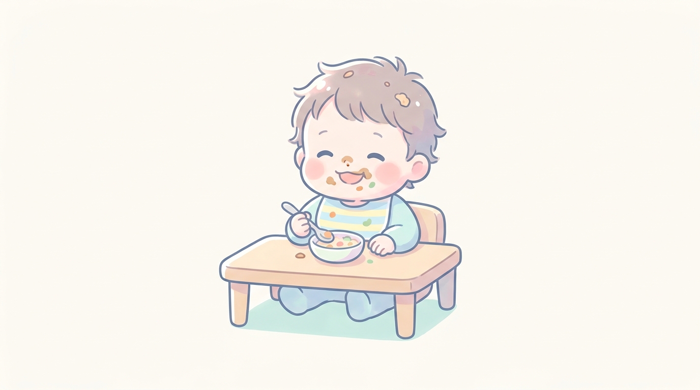 ダイニングテーブルで離乳食を手づかみで食べる1歳児、口の周りや髪に食べ物がついている微笑ましい光景