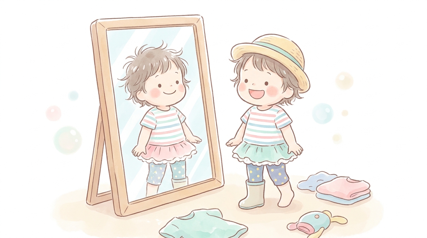 お気に入りの服を選んで嬉しそうに鏡を見る3歳児、自分でコーディネートした不思議な組み合わせ