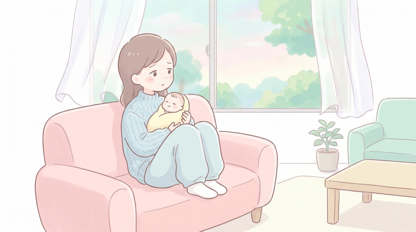 リビングのソファで赤ちゃんを抱きながら少し疲れた表情で外を眺める30代の母親
