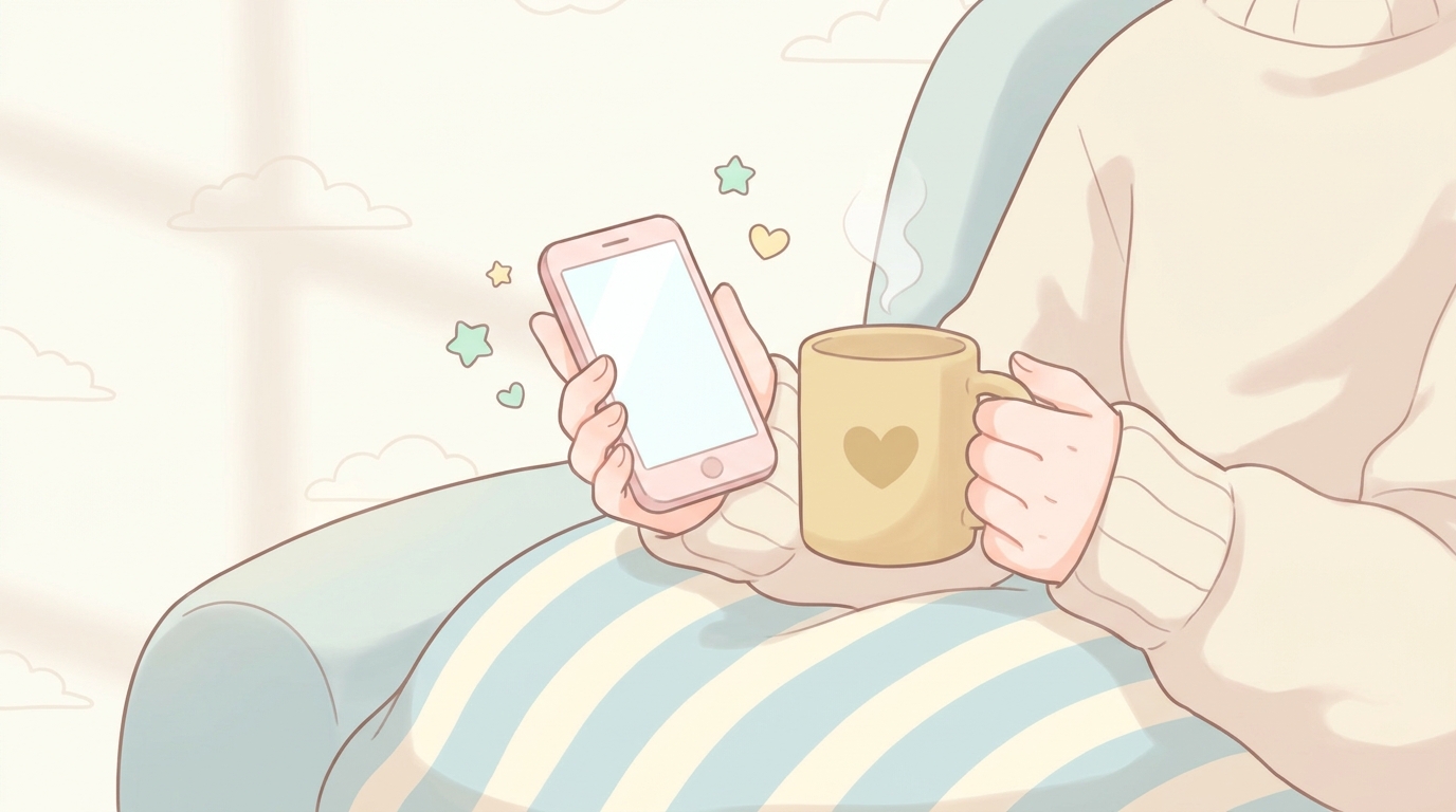スマートフォンを片手にマグカップを持ちながらソファでほっと一息つく母親の手元