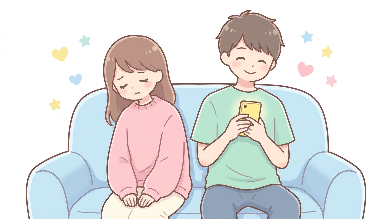リビングのソファで疲れた表情を浮かべる若いママと、その横でスマホを見ている夫の対比的なシーン
