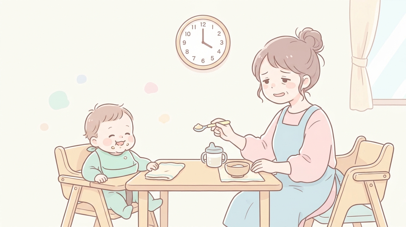 1歳くらいの赤ちゃんに離乳食を食べさせながら、疲れた表情で時計を見るママ