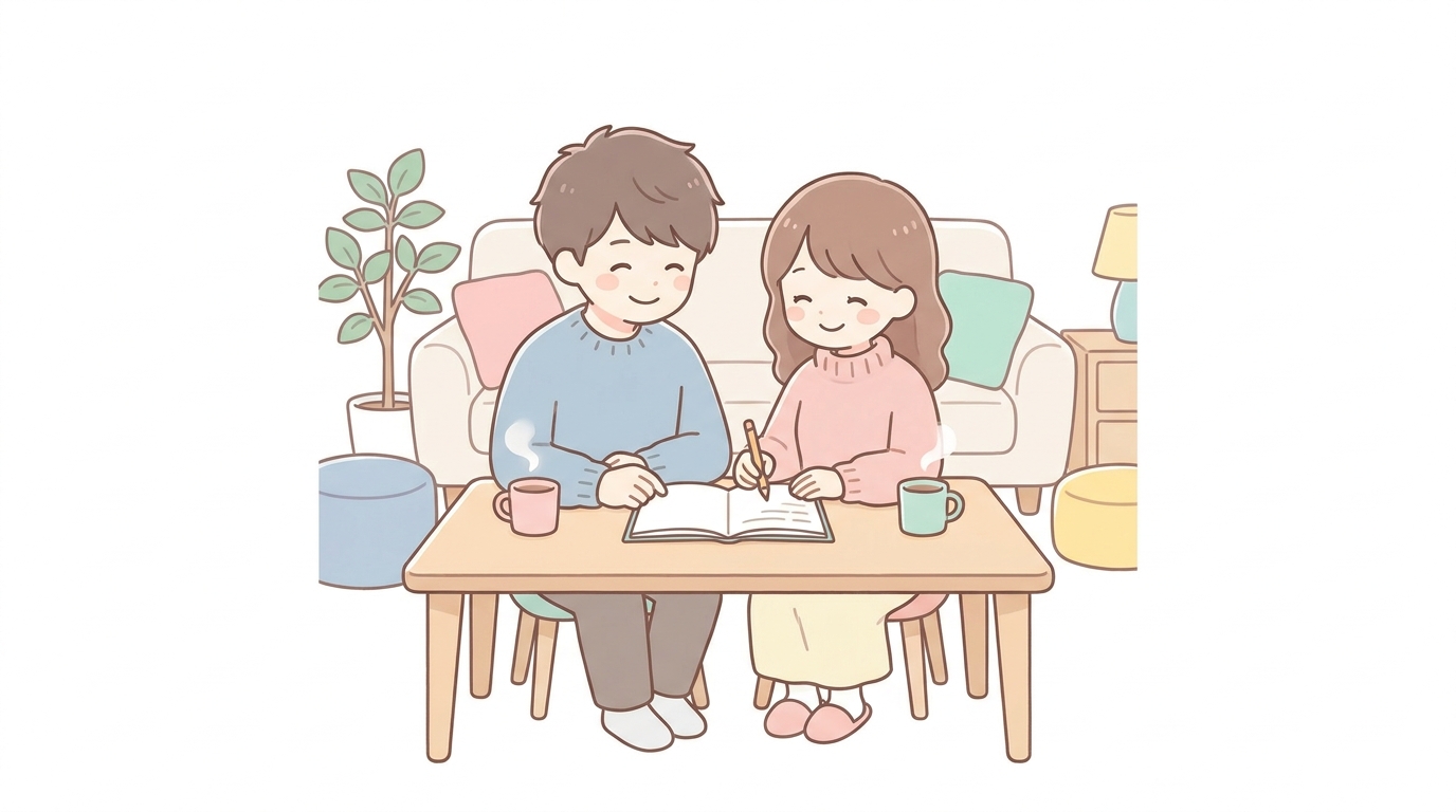 夫婦がリビングのテーブルでノートを広げて笑顔で話し合っている穏やかなシーン