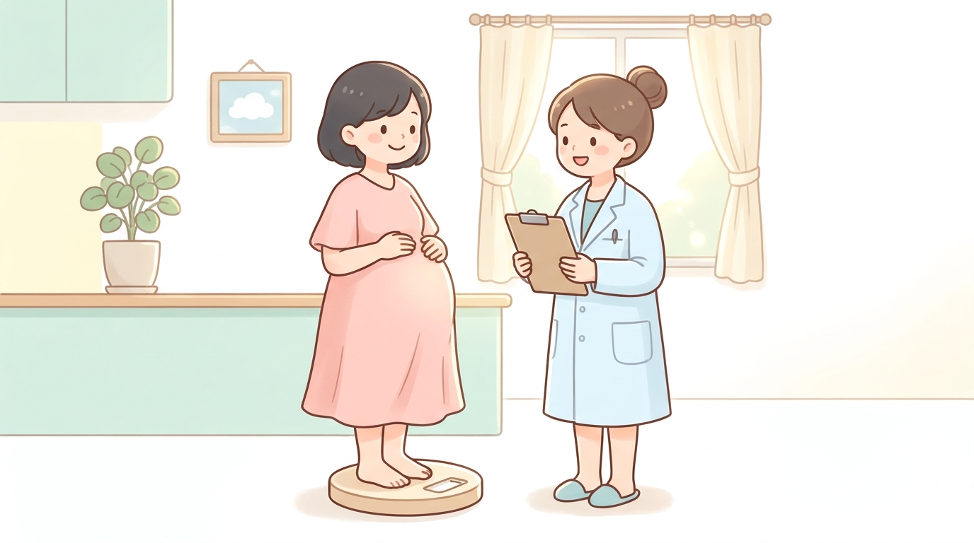 妊婦健診で体重計に乗りながら笑顔の医師と話す妊娠後期の女性、明るい産婦人科の診察室