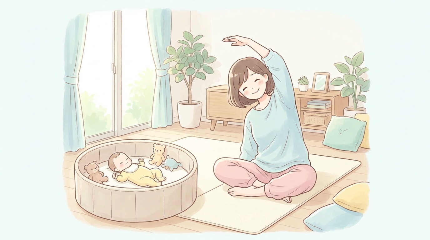 リビングで赤ちゃんを見守りながらヨガマットの上で軽くストレッチをする産後ママ、自然光が差し込む穏やかな朝の風景