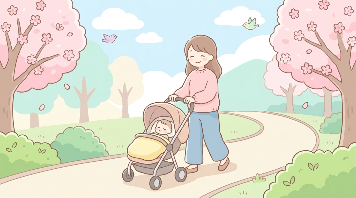 公園で赤ちゃんをベビーカーに乗せながらウォーキングをする20代後半のママ、緑が美しい春の午前中
