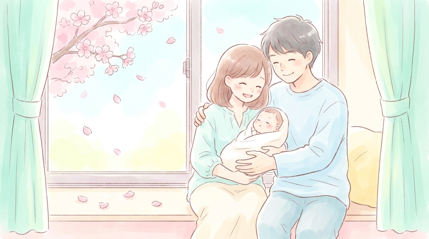 桜の花が舞う春の窓辺で、生まれたばかりの赤ちゃんを優しく抱く母親と微笑む父親の柔らかな雰囲気