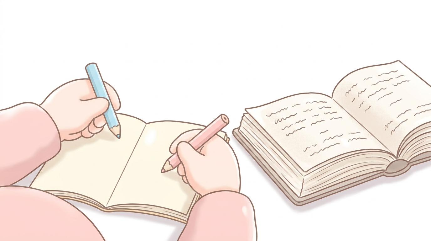淡いピンクとブルーの色鉛筆で名前候補をノートに書き出す妊婦さんの手元と、開かれた命名辞典