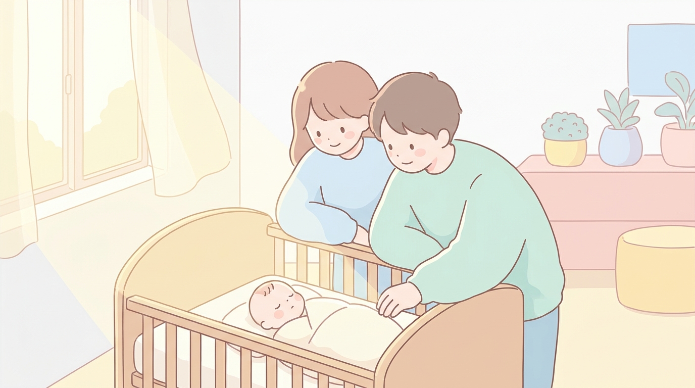 ベビーベッドで眠る新生児を優しく見つめる若い夫婦、暖かな日差しが差し込む明るい寝室