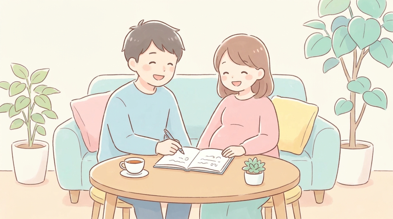 ノートに名前候補を書き出しながら相談する妊婦と夫、リビングのテーブルで穏やかな雰囲気