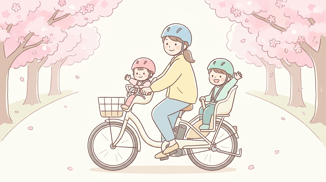 桜並木の歩道で電動アシスト自転車の前後に子どもを乗せて笑顔で出発する母親