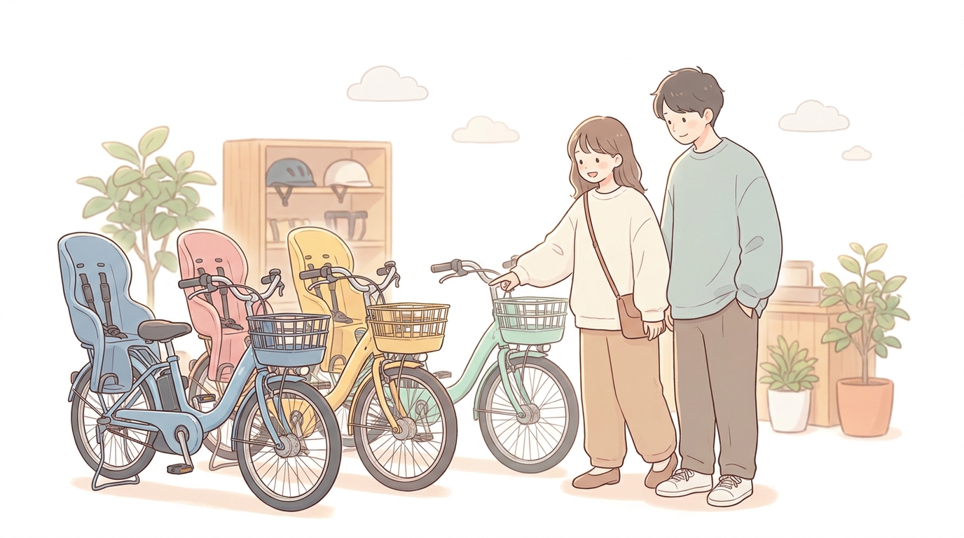 自転車店の店内に並ぶ複数の子ども乗せ電動アシスト自転車と、それを見比べる若い夫婦