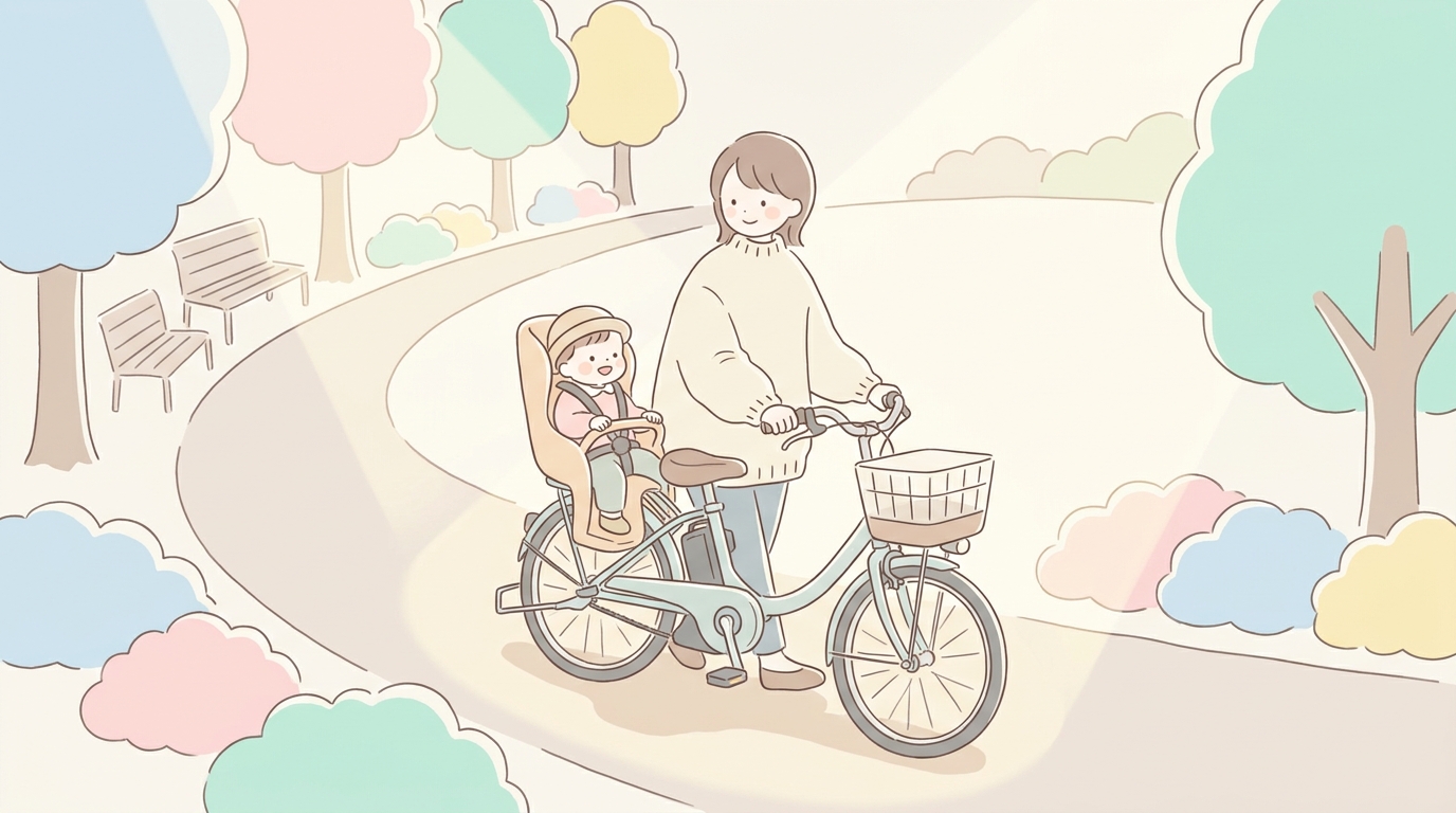 朝の公園沿いの道で、後ろのチャイルドシートに乗った2歳くらいの子どもに笑顔で話しかける母親が電動アシスト自転車を押している様子