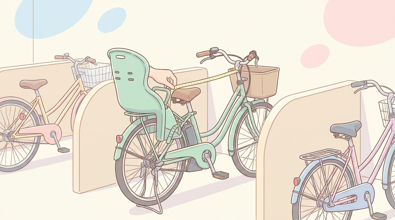 マンションの駐輪場に整然と並ぶ子乗せ電動アシスト自転車を、メジャーで高さを計測している父親の手元のアップ