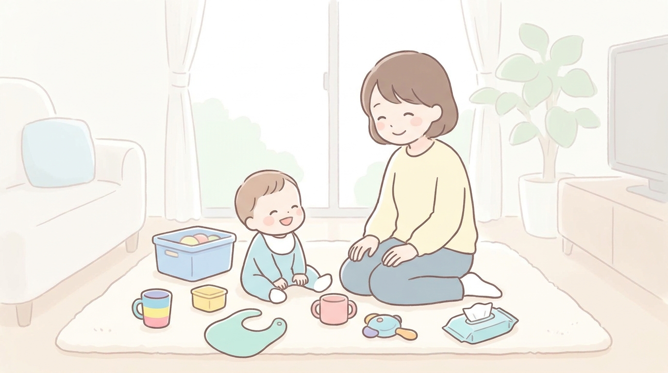 明るいリビングで100均の育児グッズを並べて笑顔で見比べているママと赤ちゃん