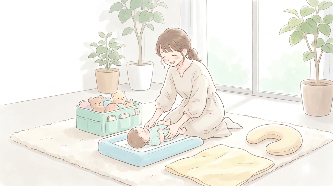 明るいリビングでニトリのベビーグッズを使って赤ちゃんのお世話をする若いママの様子