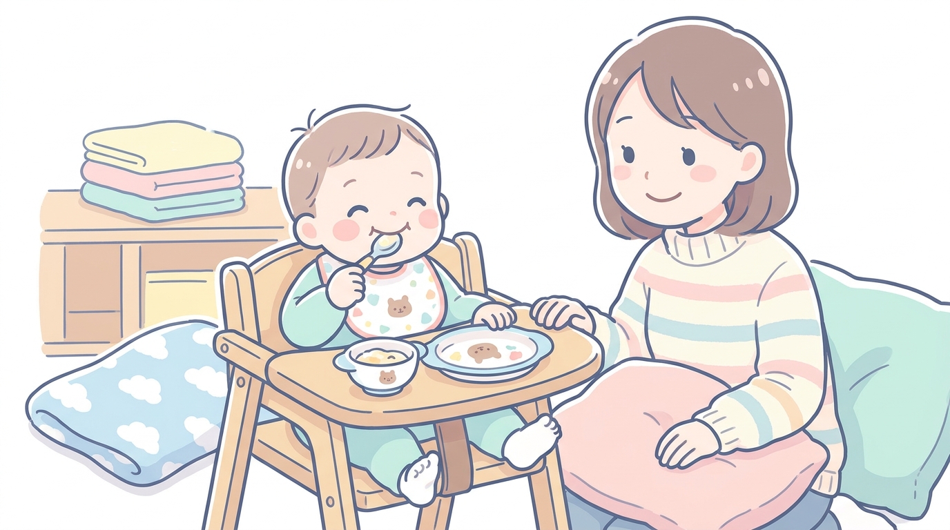 ニトリのベビー食器で離乳食を食べる笑顔の赤ちゃんとそれを見守るママ