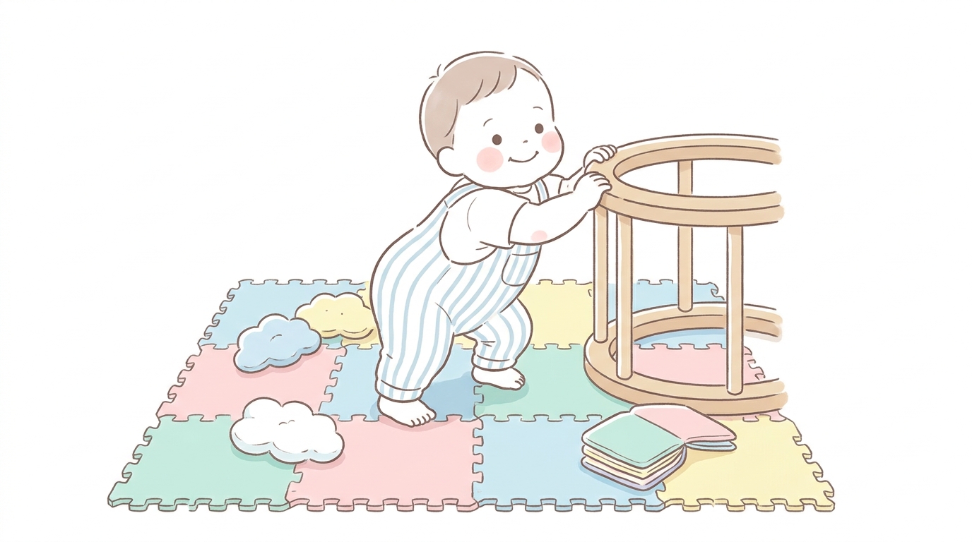 ニトリのパズルマットの上でつかまり立ちしながら遊ぶ1歳前後の赤ちゃん