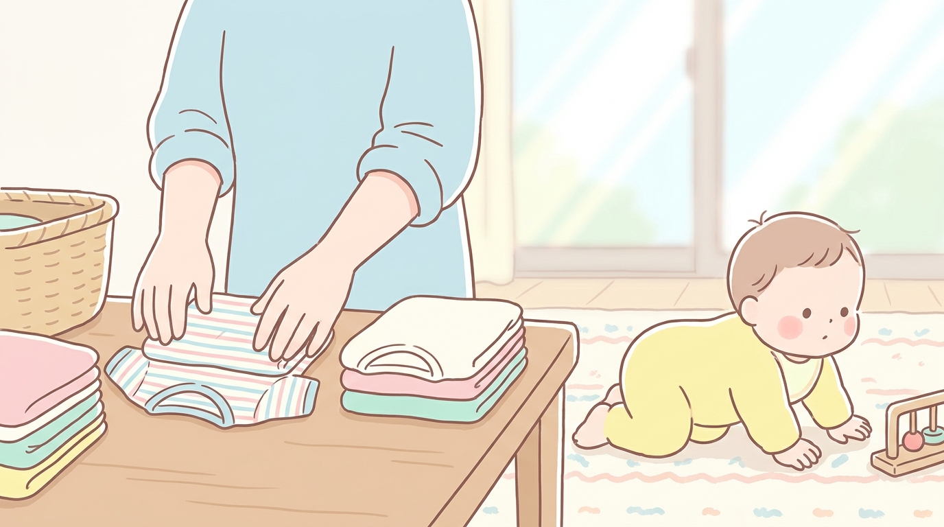 明るいリビングで無印良品のベビー服を畳んでいる若いママの手元と、その横でハイハイする赤ちゃん