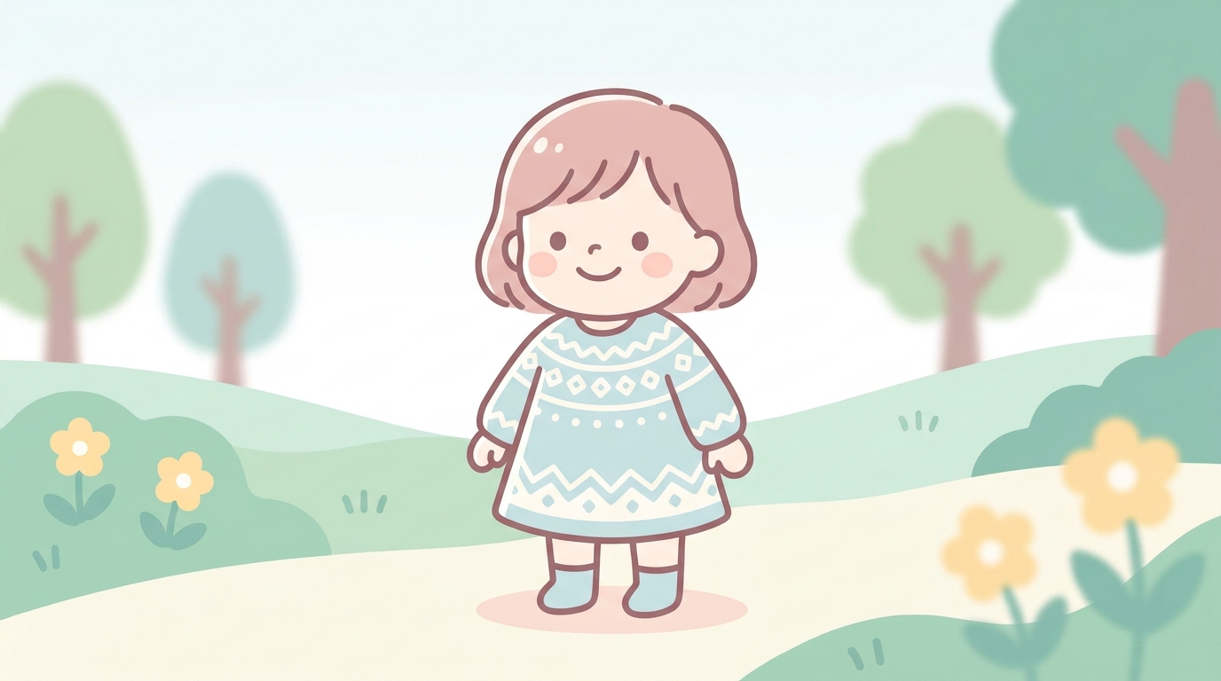 バースデイで購入した北欧テイストのワンピースを着た2歳児の女の子が、公園でにっこり笑っている姿、自然光の柔らかい雰囲気