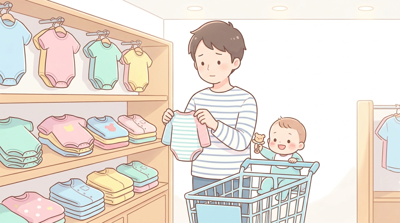 西松屋の店内で、棚に並ぶカラフルなベビー肌着を真剣な表情で選ぶ30代のパパ、隣のカートに座る赤ちゃんが楽しそうにしている様子
