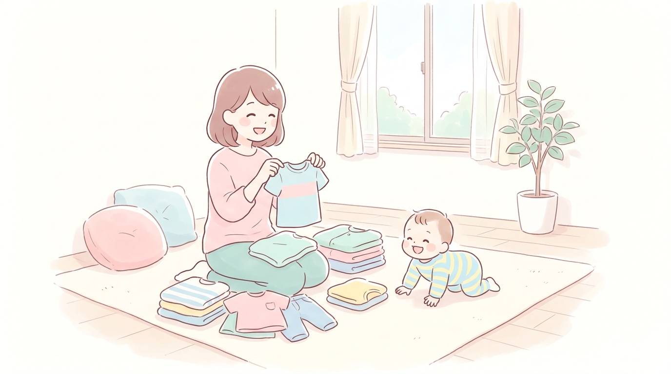明るいリビングで子供服を畳みながら笑顔を見せる30代女性とハイハイをする赤ちゃん