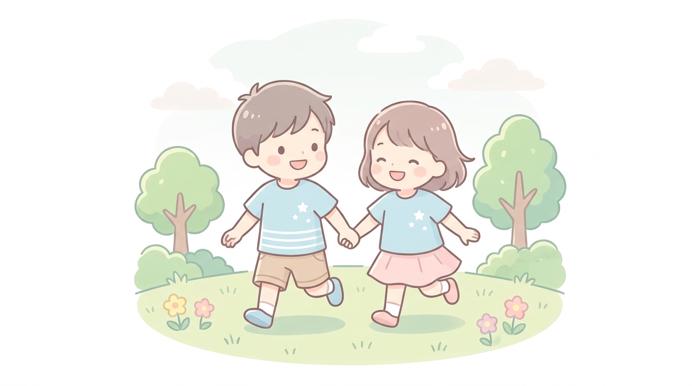 公園で同じ柄のTシャツを着た兄妹が手をつないで笑顔で走っている様子