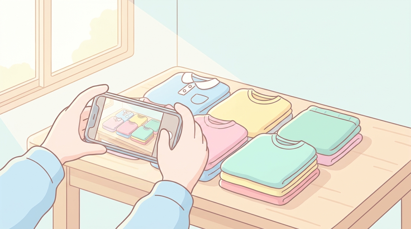 ナチュラルな朝の光が差し込むリビングで、たたんだ子供服を並べてスマートフォンで撮影している母親の手元