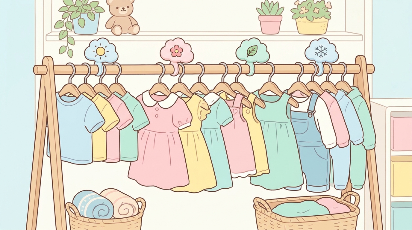 ハンガーラックに季節ごとに整理されたパステルカラーの子供服が並んでいる明るいクローゼットの風景