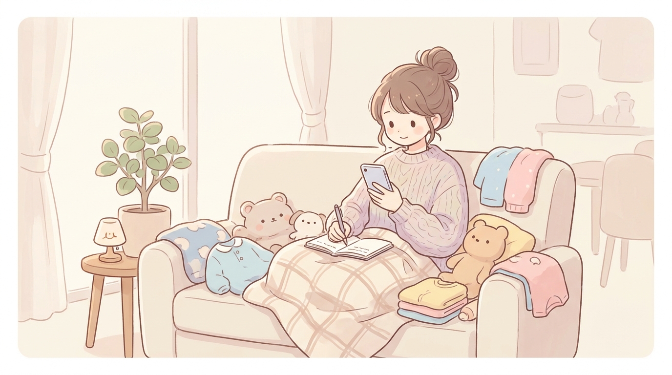 スマートフォンで子供服を検索しながらメモを取る、ソファでくつろぐ若い母親の落ち着いた室内シーン