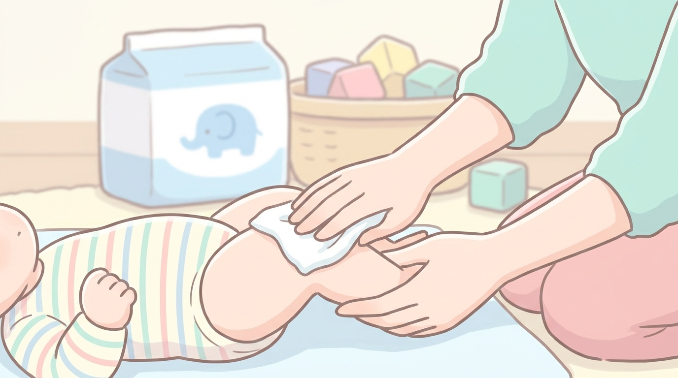 リビングのおむつ替えスペースで赤ちゃんの肌を優しく拭く母親の手元