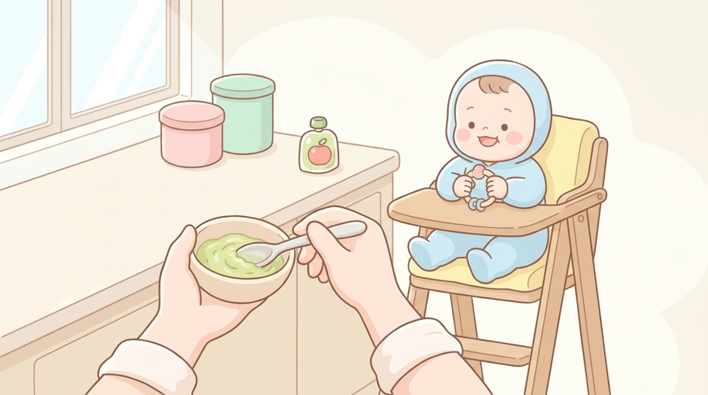 キッチンで離乳食を作る母親の手元と、ベビーチェアに座って待つ赤ちゃん