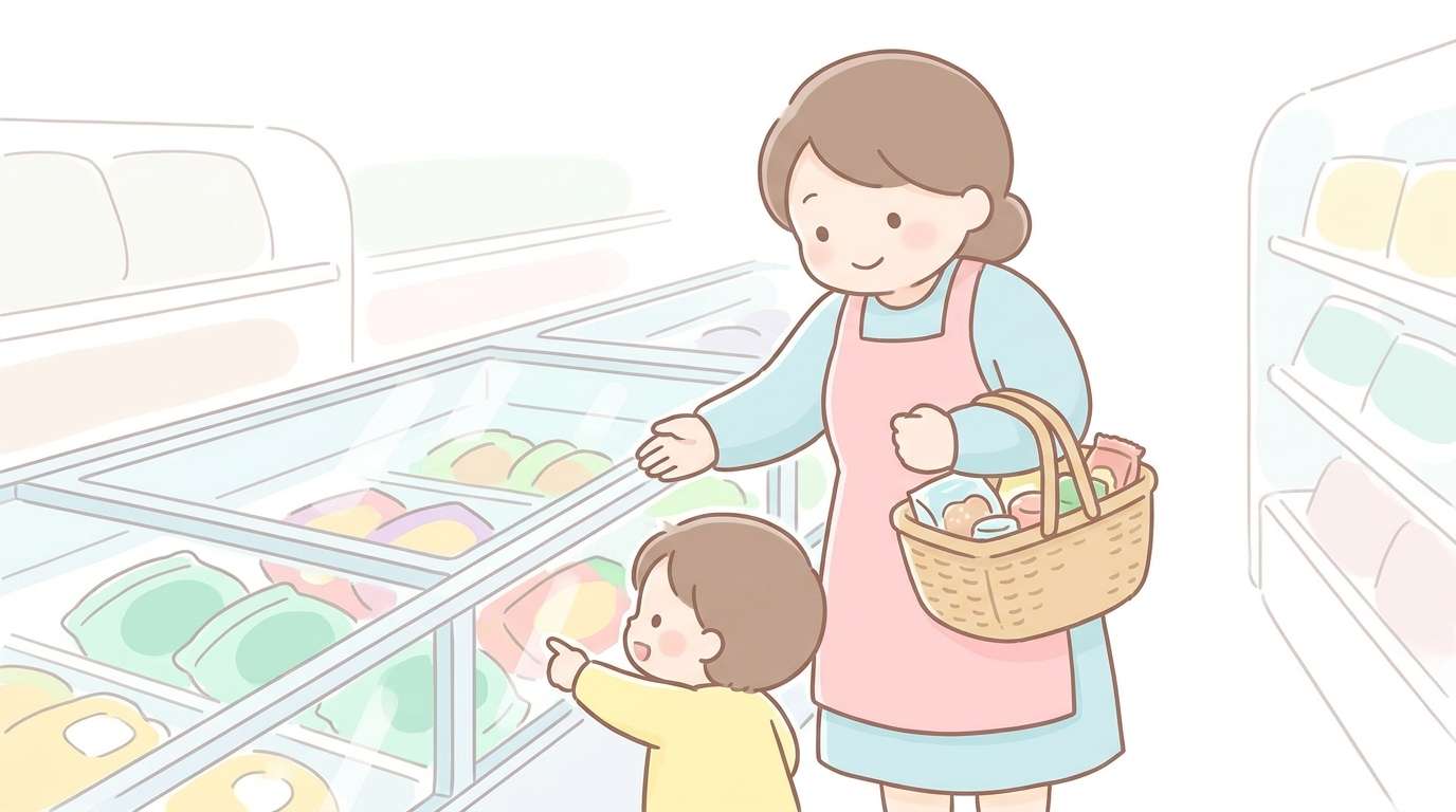 業務スーパーの冷凍食品売り場で買い物カゴを持ちながら商品を選ぶ子連れの母親