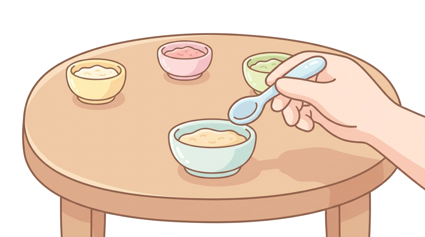 木製の食卓に並んだ離乳食の小皿と、赤ちゃん用スプーンを持つ親の手元