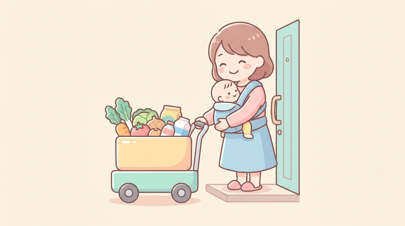 玄関先で食材が入った宅配ボックスを受け取る、赤ちゃんを抱っこした女性の笑顔