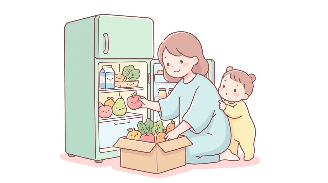 冷蔵庫に届いたばかりの食材を整理する母親と、興味深そうに覗き込む2歳の子ども