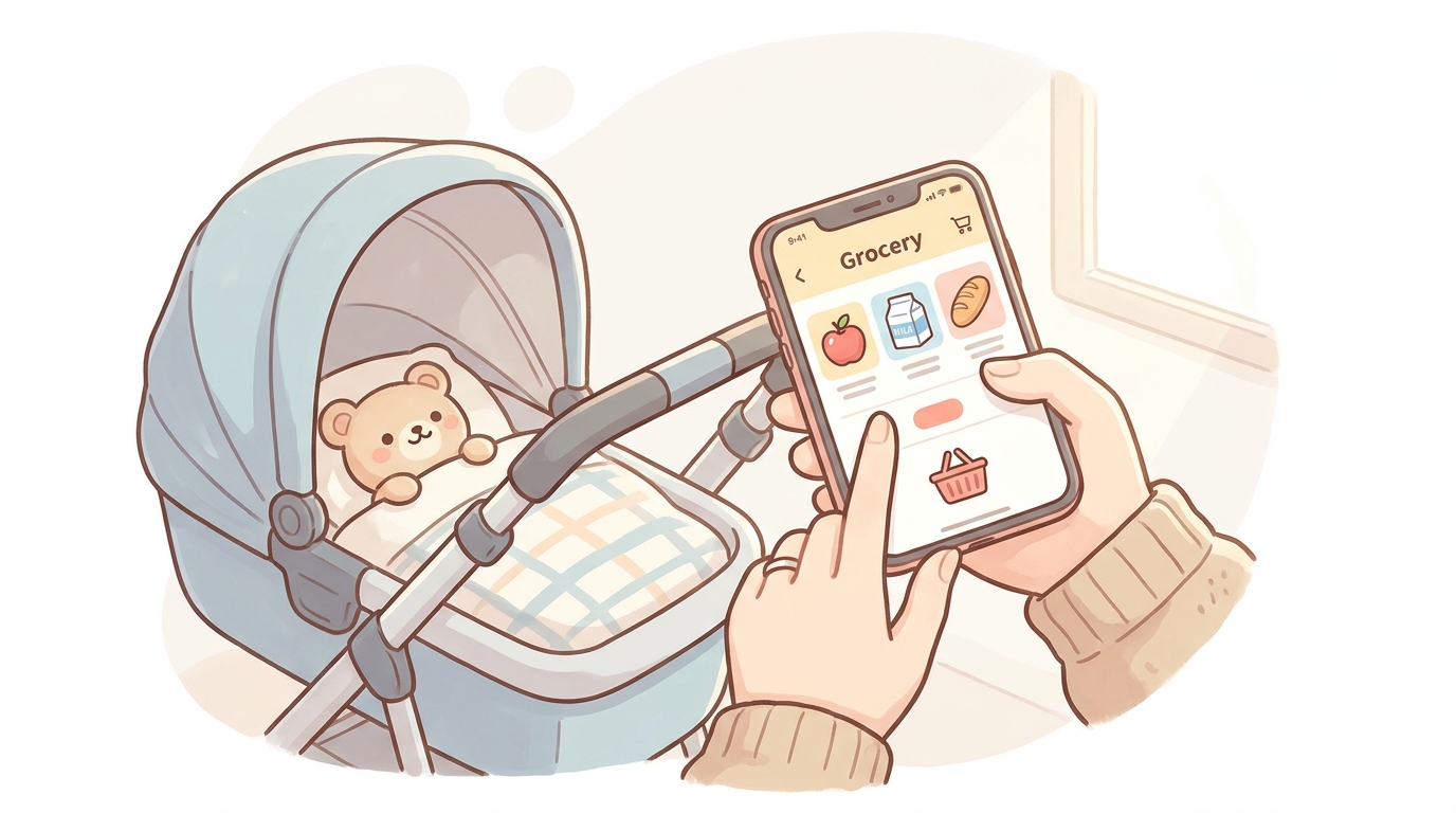ベビーカーの隣でスマートフォンを操作し、ネットスーパーで買い物をする20代後半の母親の手元