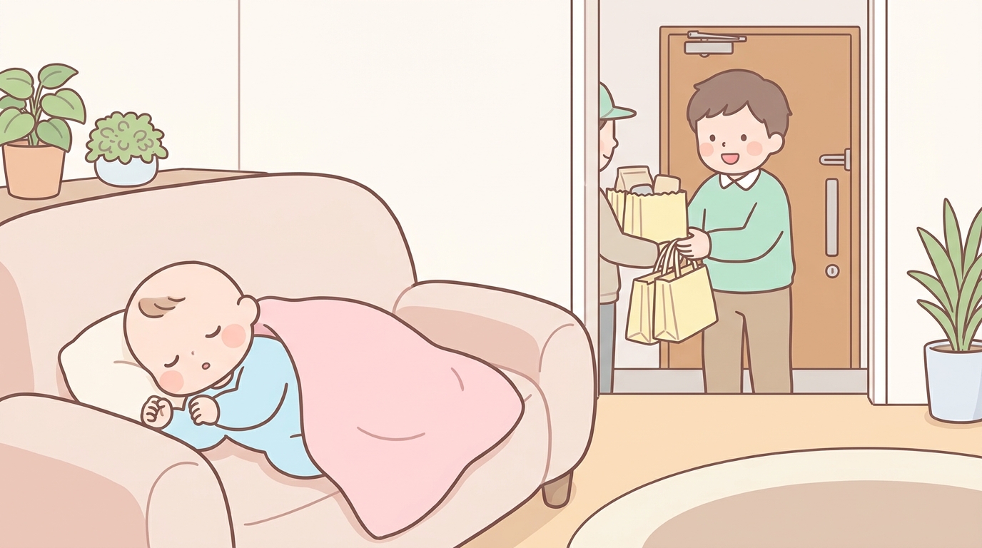 リビングのソファでぐっすり眠る赤ちゃんの横で、玄関に届いた食材を笑顔で受け取る父親
