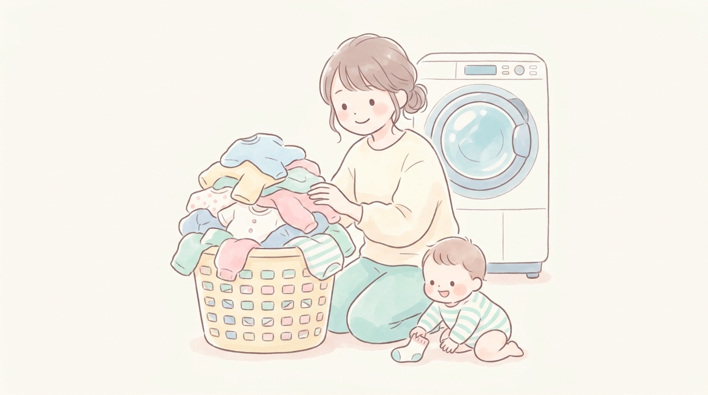 洗濯カゴいっぱいに溜まった子ども服を前にして微笑む20代後半の母親と、足元で遊ぶ1歳前後の赤ちゃんの様子