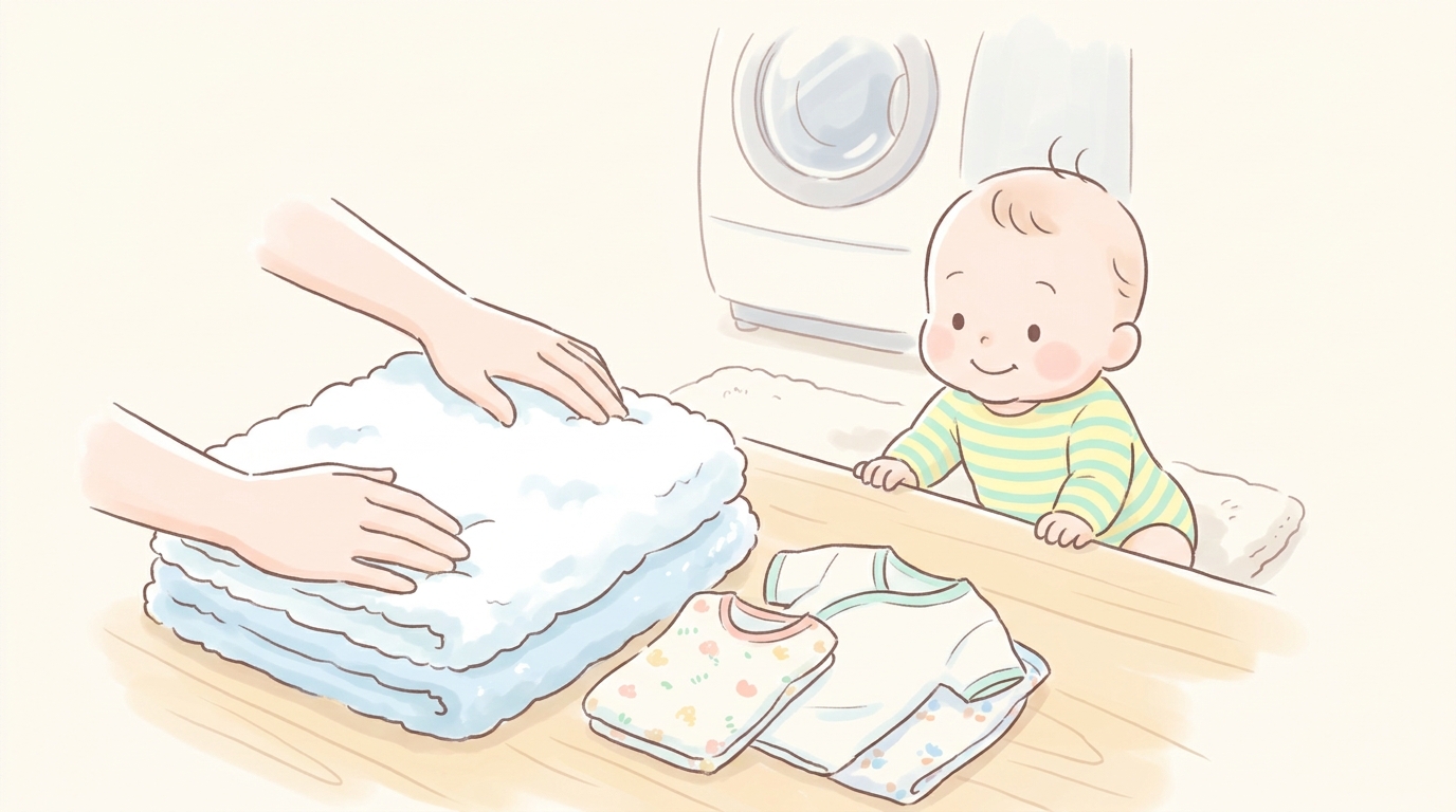 ふわふわに乾いたタオルや赤ちゃん用の肌着を畳んでいる女性の手元と、それを見守る生後10ヶ月ほどの赤ちゃん