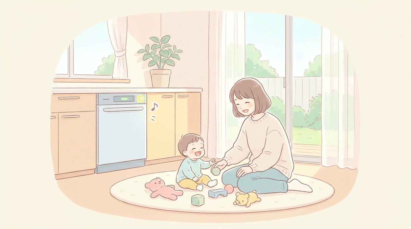 笑顔で子どもと遊ぶ母親と、後ろのキッチンで稼働する食洗機のある明るいリビング