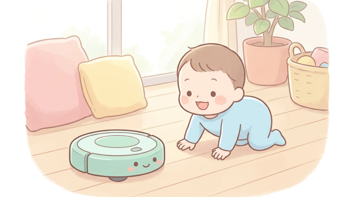 リビングの床でハイハイする赤ちゃんと、その近くを静かに走るロボット掃除機の様子