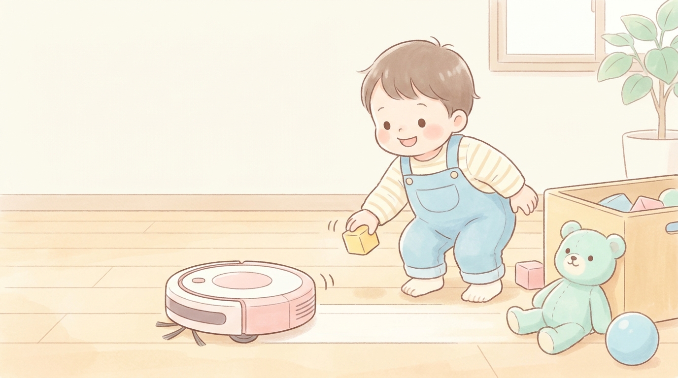 ロボット掃除機の動きを楽しそうに見守りながら、おもちゃを片付ける2〜3歳児の様子
