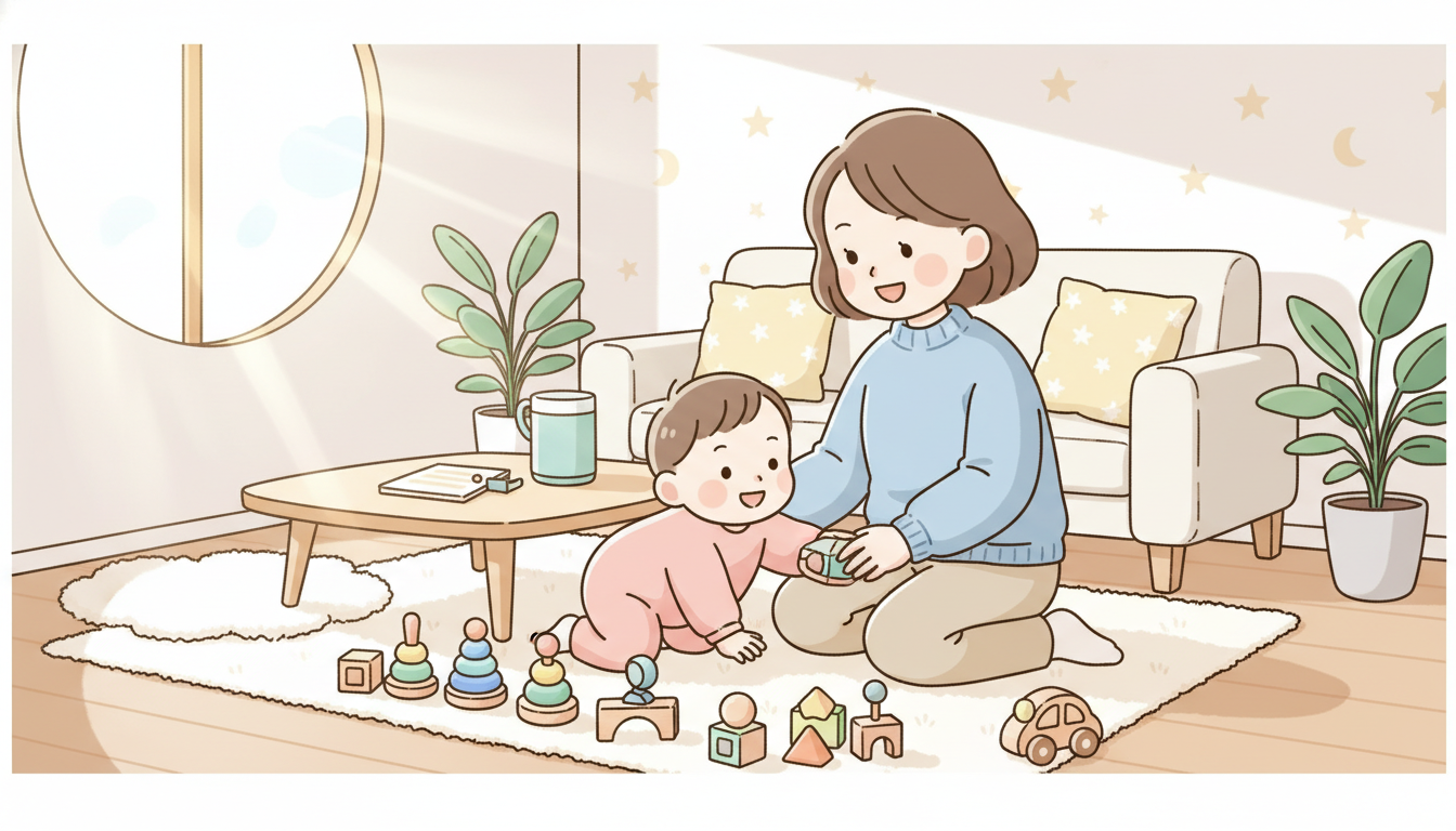 明るいリビングで0〜2歳の赤ちゃんと一緒に木製の知育玩具で遊ぶ30代の母親の温かい光景